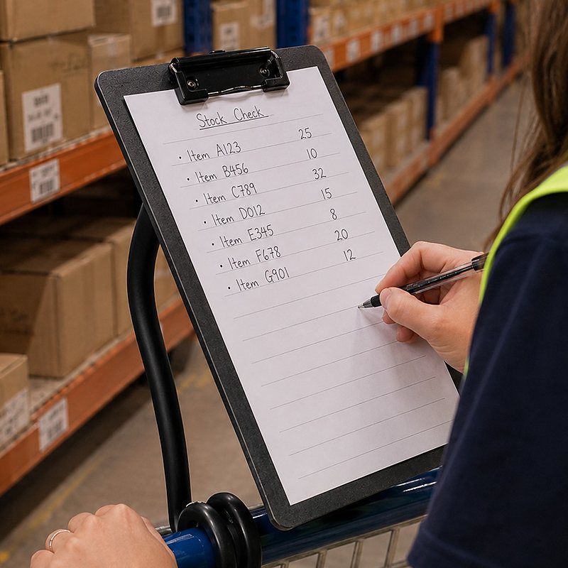 The Twistaroo A4 clipboard clipped to a trolley handle, holding a stock check sheet