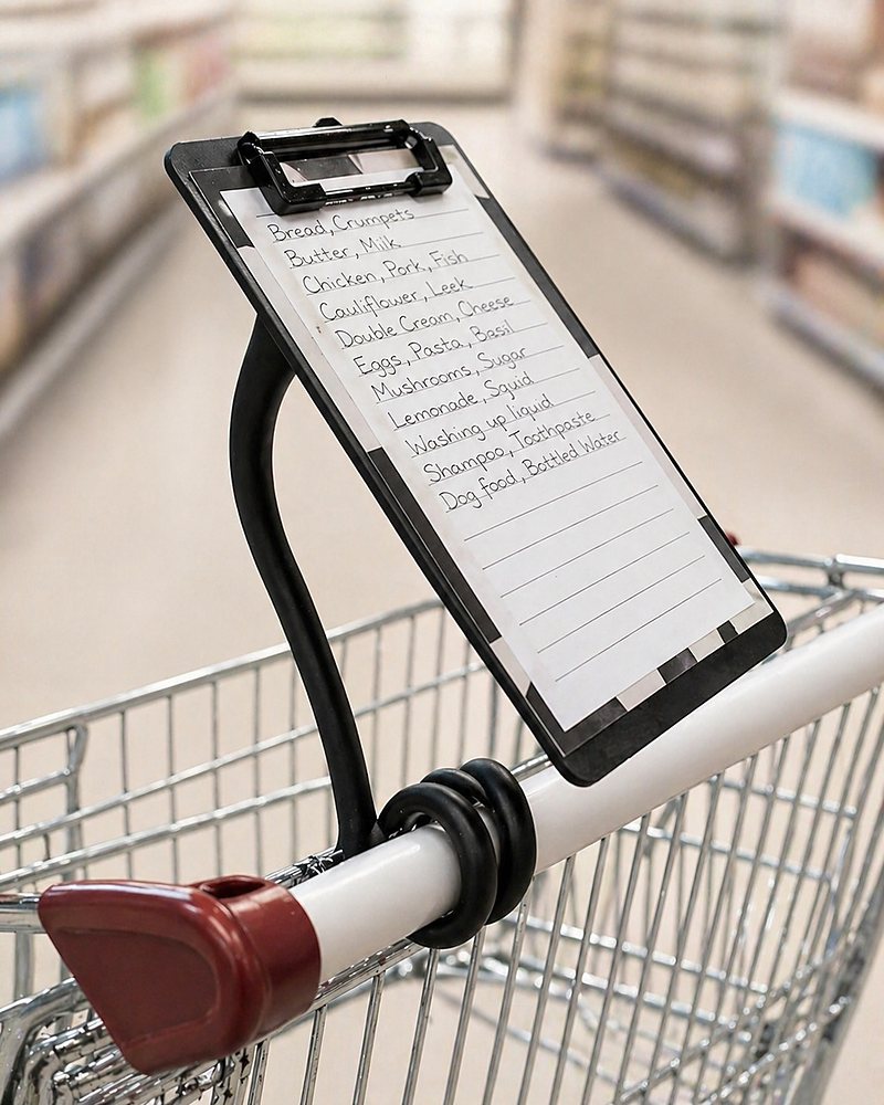 A Twistaroo wrapped round the handle of a supermarket trolley, holding a clipboard with a handwritten shopping list at eye level