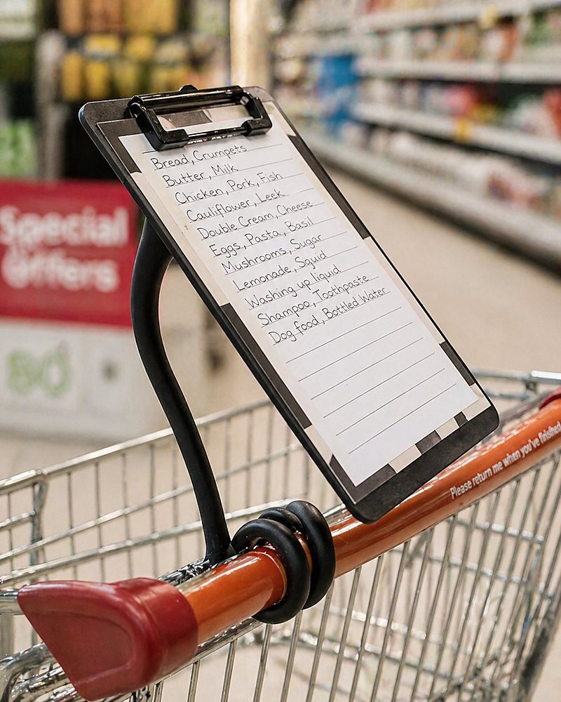 A Twistaroo holding a shopping list on an orange supermarket trolley handle