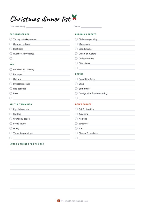 The free printable Christmas dinner checklist from Twistaroo