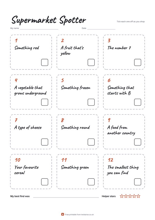 The free Supermarket Spotter printable: twelve things for children to find while shopping